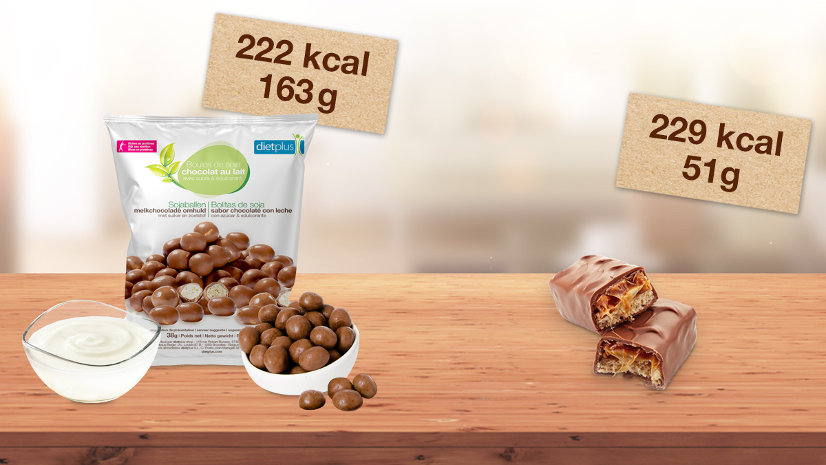 Comparaison du poids et des calories entre une barre chocolatée et un sachet de boules soja chocolat de dietplus