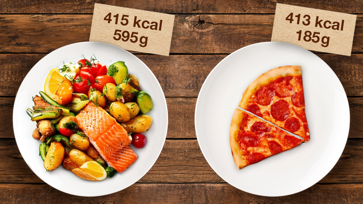 Comparaison des calories et du poids d'une assiette de poisson et d'une part de pizza